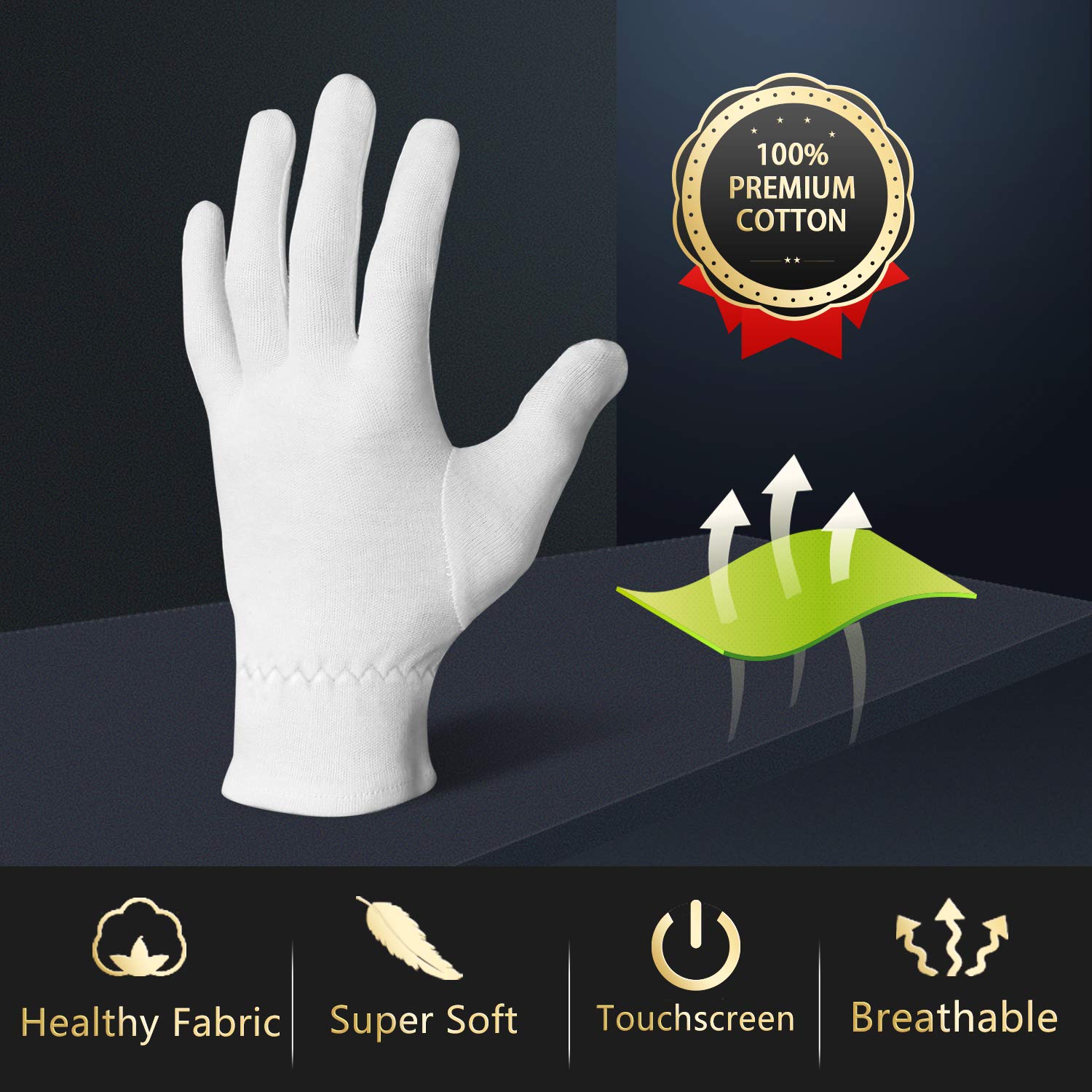 EvridWear 100% Cotton Touchscreen Moisturizing Beauty Gloves with Elastic Cuff, Natural Cosmetic Therapy Gloves for Eczema SPA Dry Hands Care Overnight (White, Large) 2 Pairs : Beauty