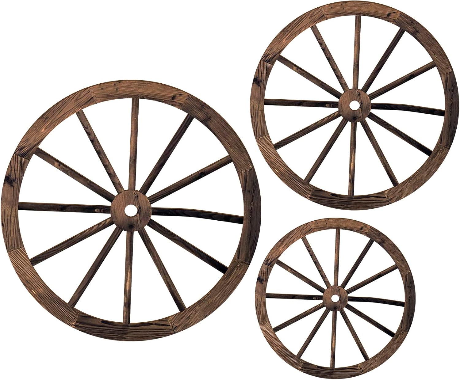 Plaques & Wall Art - Qunclay 3 Pcs Wooden Wagon Wheel Decor 12/10/8 Inch Old Western Western Wall Decor Farmhouse Wagon Wheels Rustic Yard Wall Art Decor Hanging Decorative Wheels for Garden Home Bar Garage (Dark Brown)