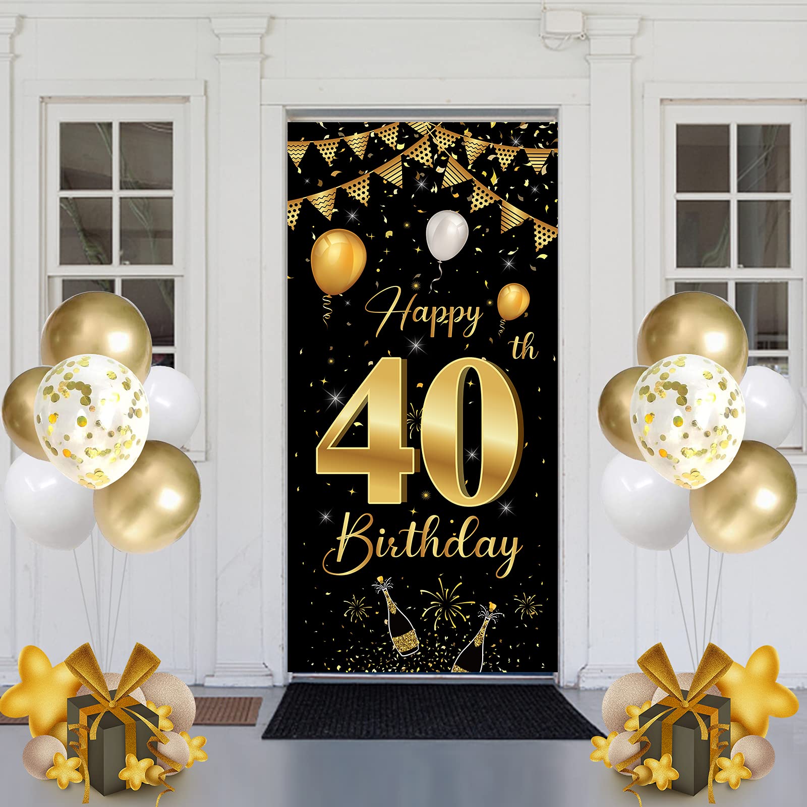 40th Birthday Party Decoration Extra Large Fabric Black Gold Sign Poster for Anniversary Photo Booth Backdrop Background Banner, Birthday Party Supplies, 185 x 90 cm