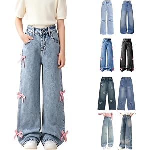 Girls Jeans Baggy Cute Jean Kids Y2K Denim Pants with Pockets High Waisted Embroidered Trousers for Teens