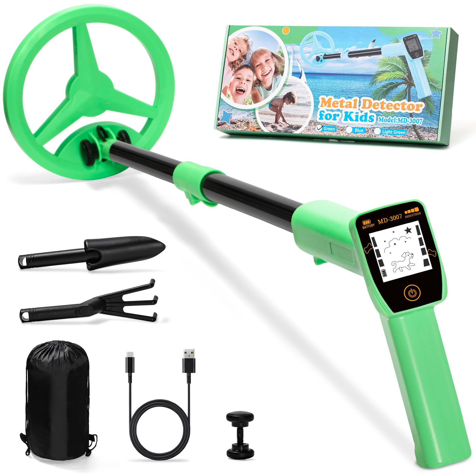 Smofrees USB Rechargeable Kids Metal Detector, Adjustable 24"-34" Portable Children's Detector with Funny LCD Display for Outdoor Exploration, Green