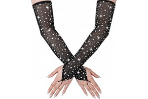 Skrfren Fingerless Rhinestone Long Gloves, Sparkly Rhinestone Long Mesh Gloves Elbow Length Longs Tulle Mesh Glove