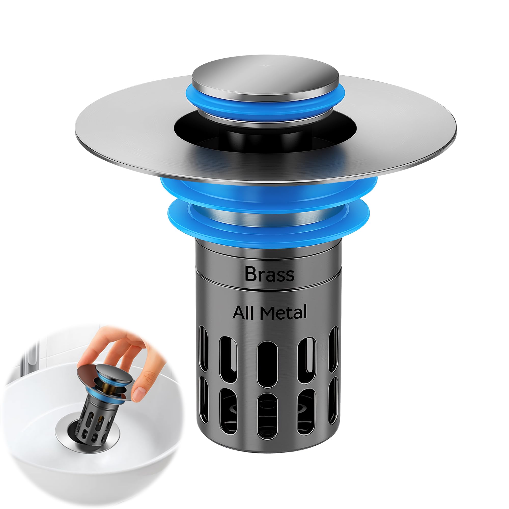 Photo 1 of (All Metallic) Bathroom Sink Plug, Pop-up Drain for Bathroom Sink, Sink Plug Hair Collector, Silent Popper Core with Removable Stainless Steel Filter Basket (Brushed Nickel, 1 Pack)