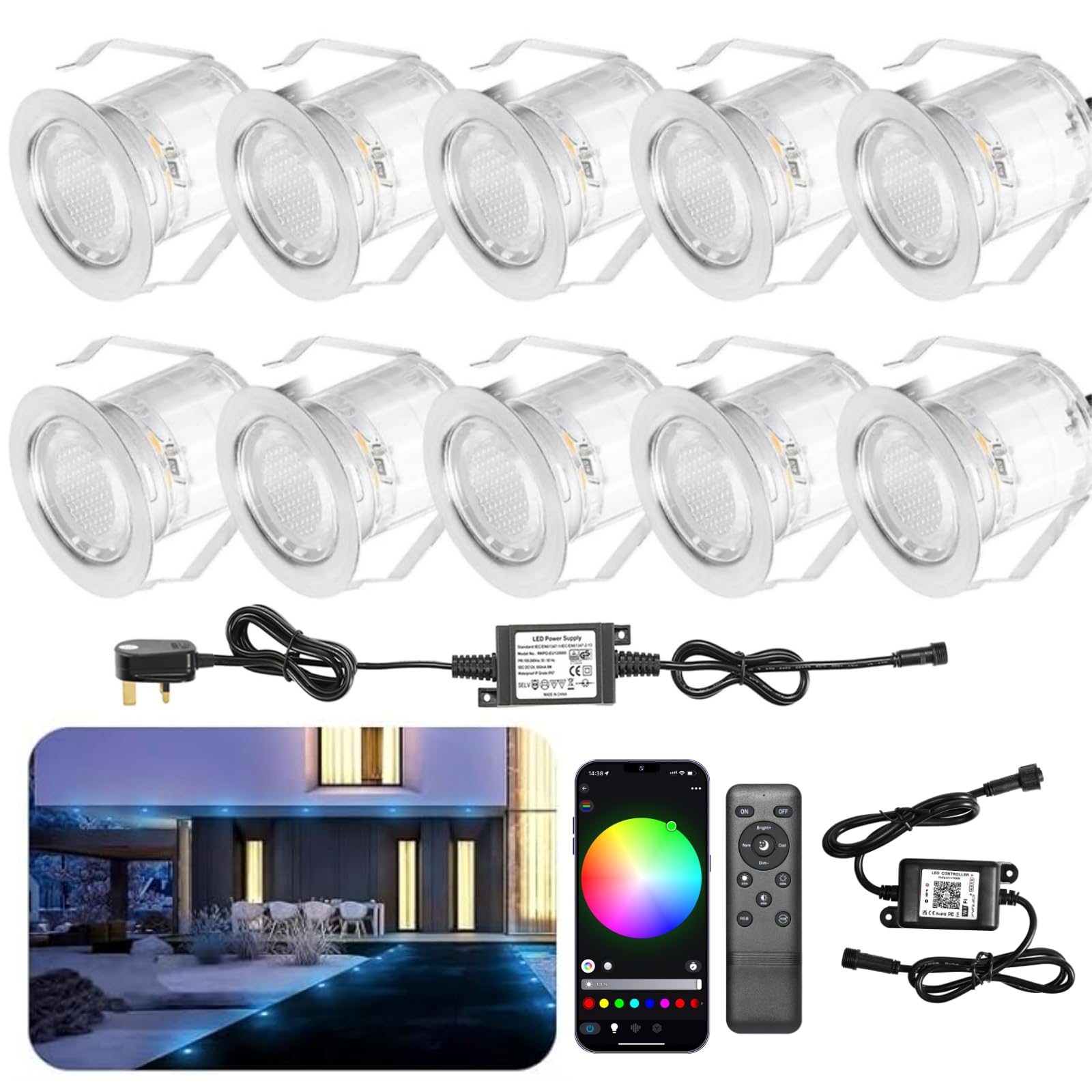 INDARUN RGB WiFi Led Decking Lights Waterproof IP67 Ø30MM - Led Plinth Lights for Terrace/Patio/Path/Wall/Garden/Decoration, 10 Packs