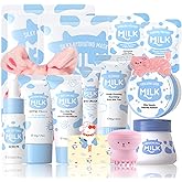 Milk Skincare Kit for Teens & Women, 15-Piece Travel Set with Face Mask & Moisturizer, Christmas Gifts for Teen Girls Age 8-12, Gentle Hydrating Routine for Smooth Skin, Cute Spa Gift Set for Tweens