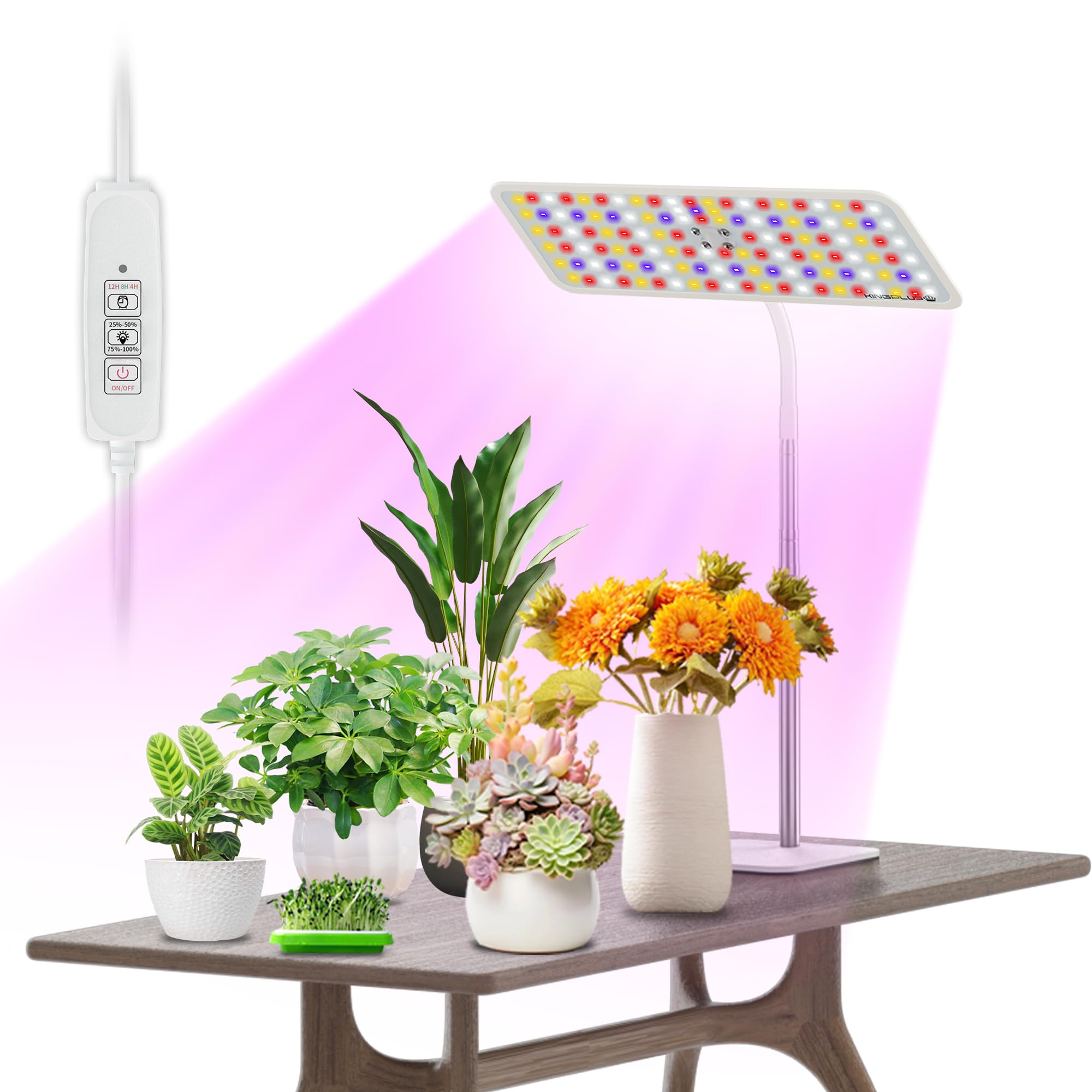 Photo 1 of KINGPLUS Grow Lights with Base, Full Spectrum Growing Light for Indoor Plants, 120 LEDs, 4 Dimmable Levels, Timer 4/8/12h, 12-60inches Height Adjustable,18w, Ideal for Desk Small Plants