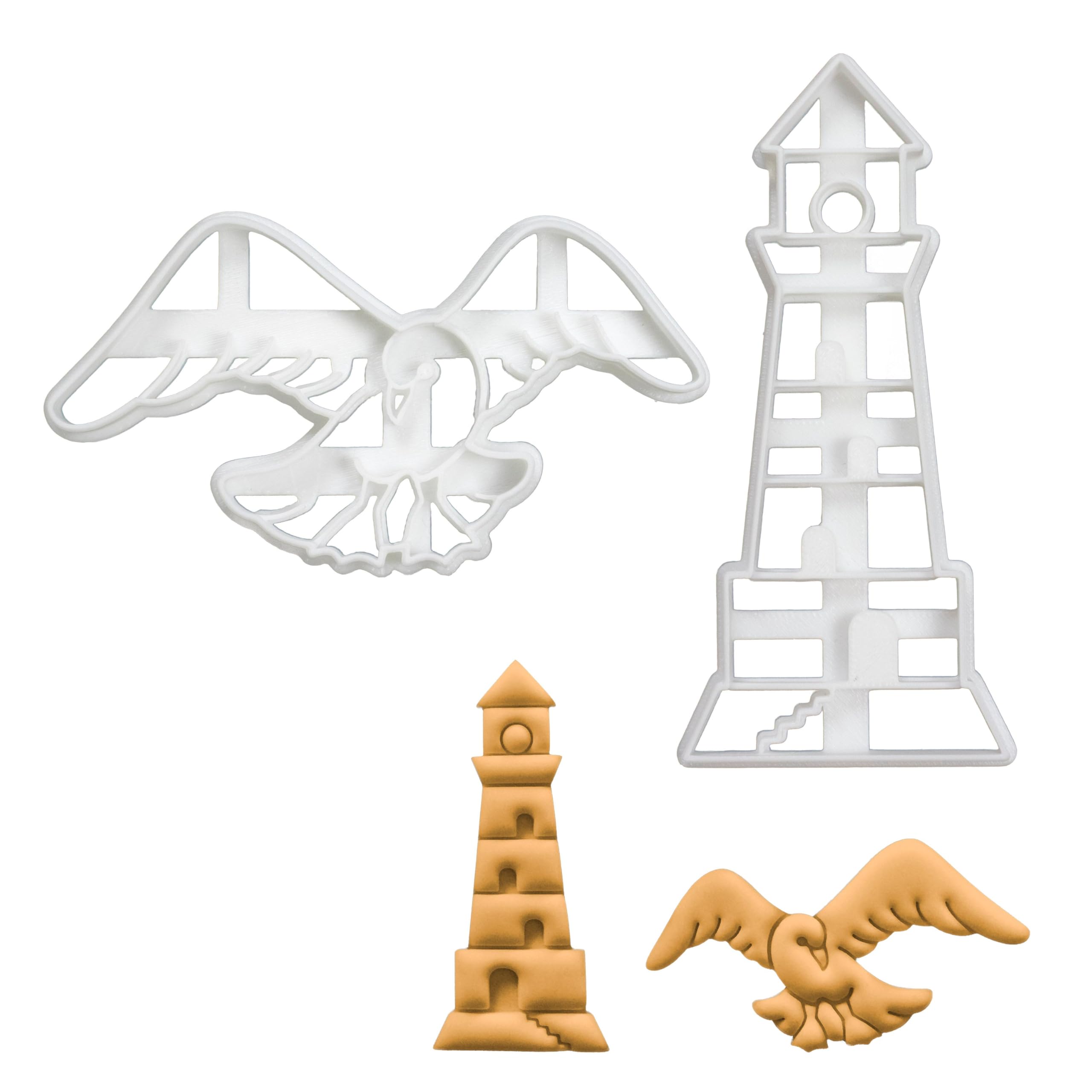 BAKERLOGY Set of 2 Lighthouse Themed Cookie Cutters (Designs: Lighthouse and Seagull) - Detailed Biscuit Cutter Design for Baking and Crafts, Ideal on Fondant, Dough, Clay