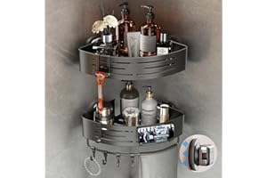 Voldra Corner Shower Caddy Suction Cup, 2 Pack Corner Shower Shelves No Drilling, Aluminum Upgrade Suction Cup Shower Organizer with Towel Bar & Hooks Removable Bathroom Storage Rack(Gray)