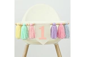 Ereniko Boho Macaron Handmade 1st Birthday High Chair Banner First Highchair Banner For Baby Girls Wood Bead Tassel Garland 1 Birthday Party Decorations Princess Photoshoot Props Photo Props