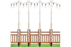 LECHANSEN String Light Poles 4 Pack for Outside Waterproof, 3.8ft to 9.8ft Adjustable Height Outdoor String Light Pole, Stainless Patio String Light Hanging Kit, Party Wedding Fence Decor of Backyard/Garden