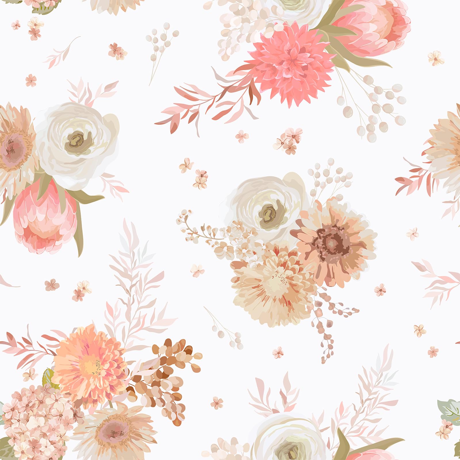 VEELIKE Soft Peachy Floral Wallpaper Peel and Stick Wallpaper Vintage Dahlia Flower Wallpaper for Girls Bedroom Nursery Botanical Wall Art Feco Wallpaper Removable Renter Friendly Cabinet 44.5cmx300cm