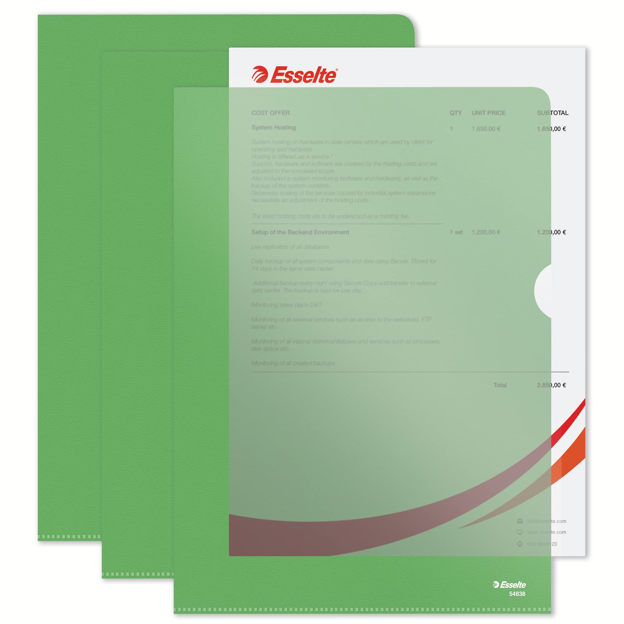 Esselte Premium Folder A4, Clear Green Matt Finish, 115 Micron Polypropylene, Box of 100, 54838