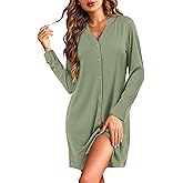 Ekouaer Nightgowns for Women Button Down Night Shirt Long Sleeve Ribbed Knit V-Neck Sleepwear Pajama Dress