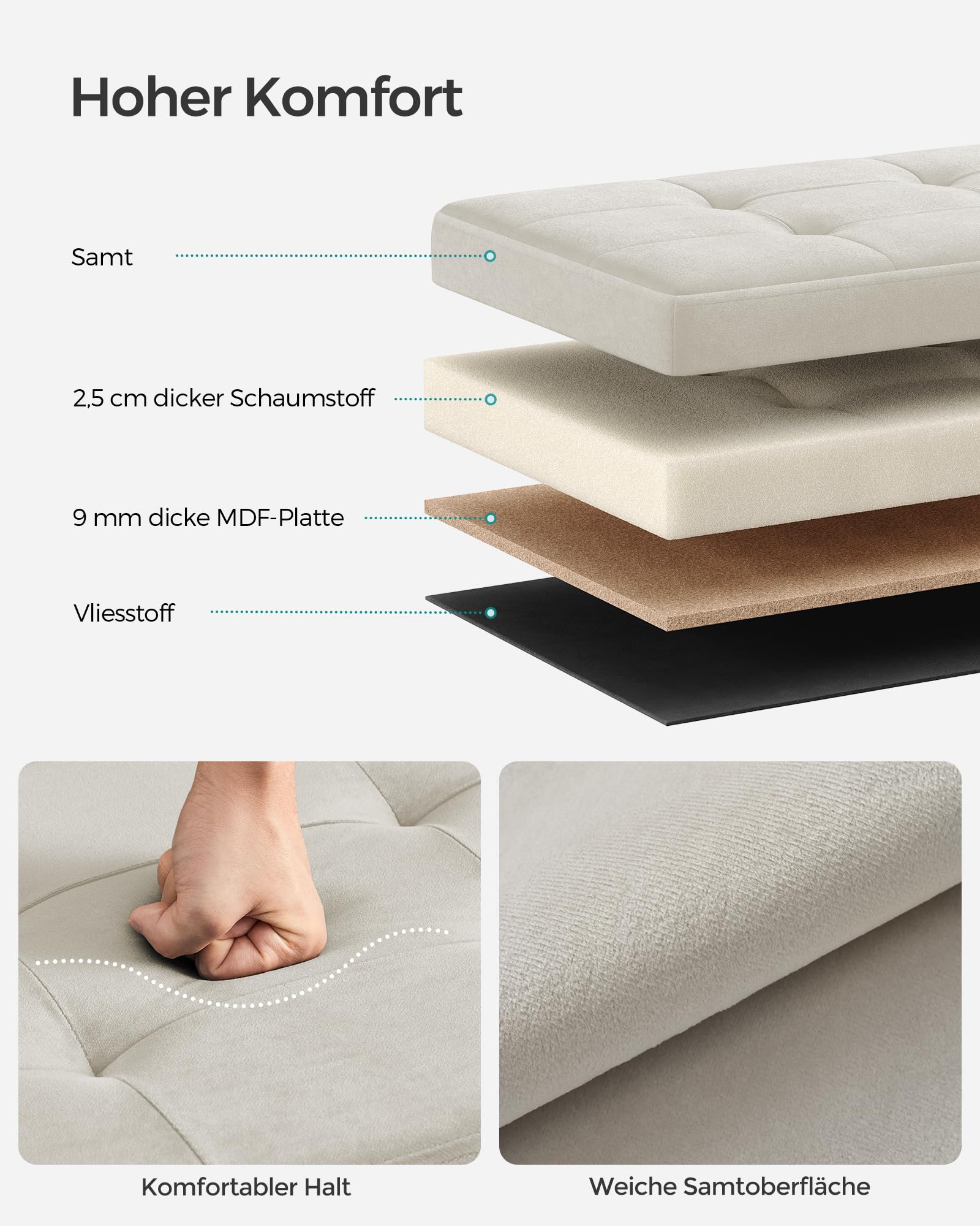 SONGMICS Sitzhocker mit Stauraum, klappbare Sitzbank, 38 x 110 x 38 cm Fußbank, Aufbewahrungsbox, bis 300 kg belastbar, für Wohnzimmer Schlafzimmer Flur, cremeweiß LSF277W01 4
