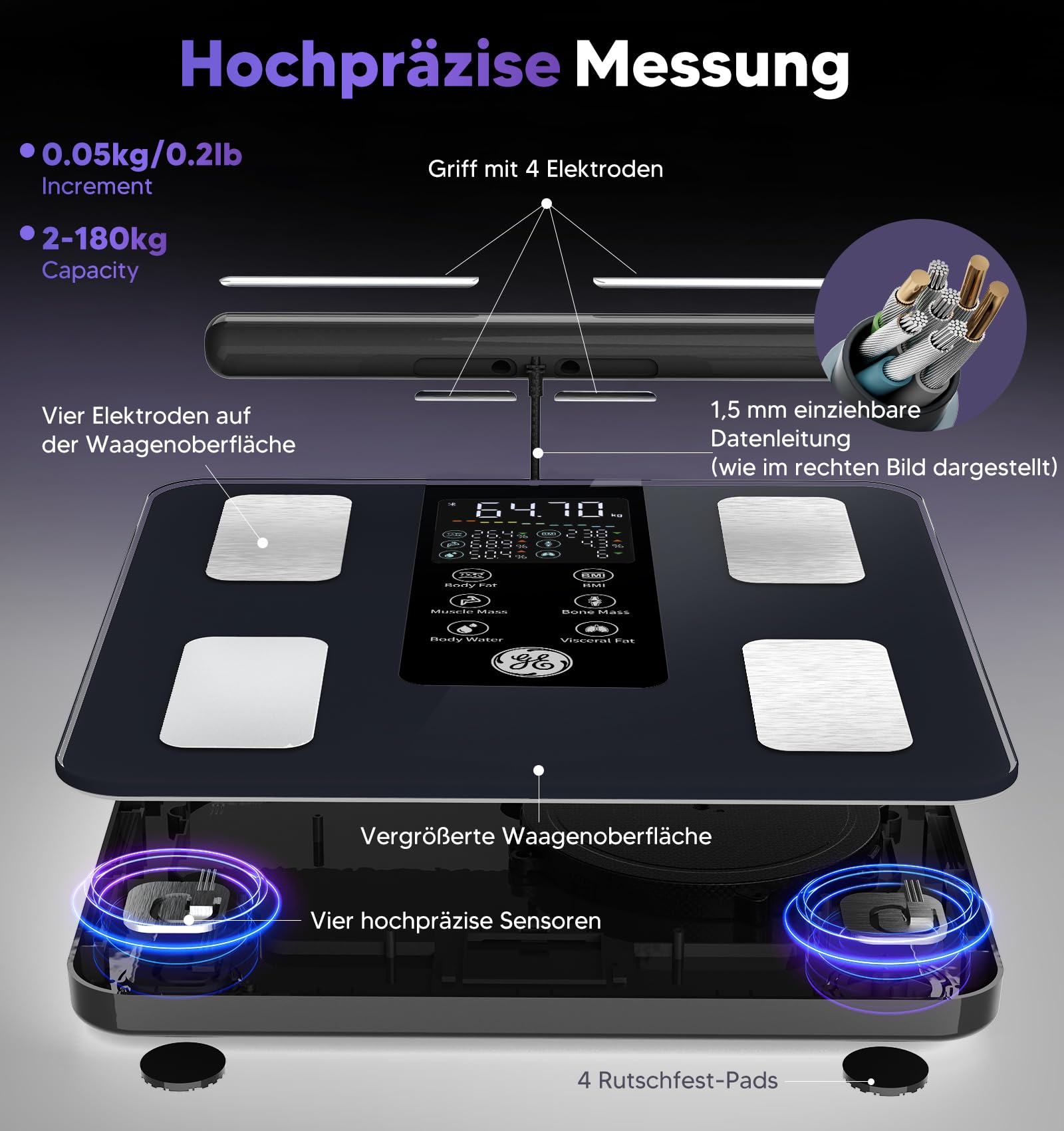 GE Körperfettwaage Smart Waage Personen: Digitale Waage mit Körperfett und Muskelmasse 8-Elektroden Körperfettwaage mit Handsensoren BMI Körpergewicht Muskelmasse Analysegerät,180 kg/400 lbs 5