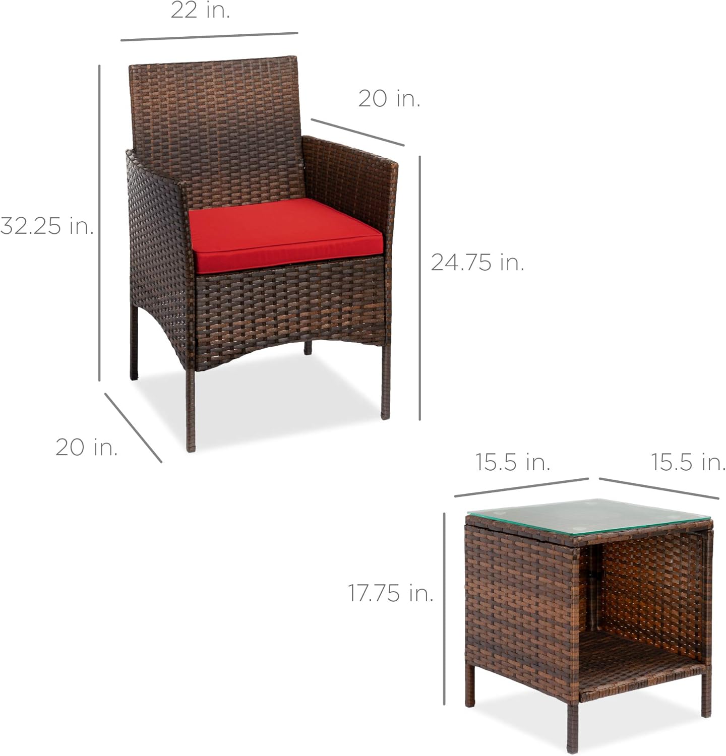 Best Choice Products 3-Piece Outdoor Wicker Conversation Bistro Set, Patio Furniture for Yard, Garden w/ 2 Chairs, 2 Cushions, Side Storage Table - Brown/Red: Garden & Outdoor