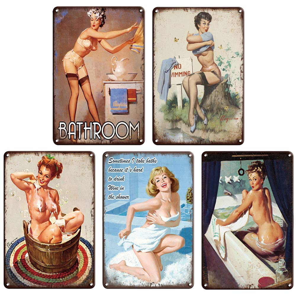 ZZBIQS 5Pcs Metal Tin Sign Vintage Wall Plaque Poster，Pin Up Girl Retro Art Picture Wall Decor for Beer Club Bar Pub Cafe Bathroom Home (20x30cm)