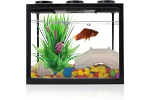 WishLotus Small Fish Tank, Durable and Simple Building Block Betta Aquarium with Exhaust Holes Detachable and Stackable Square Mini Fish Tank for Shrimp, Betta, Small Crab Habitats (Black, A)