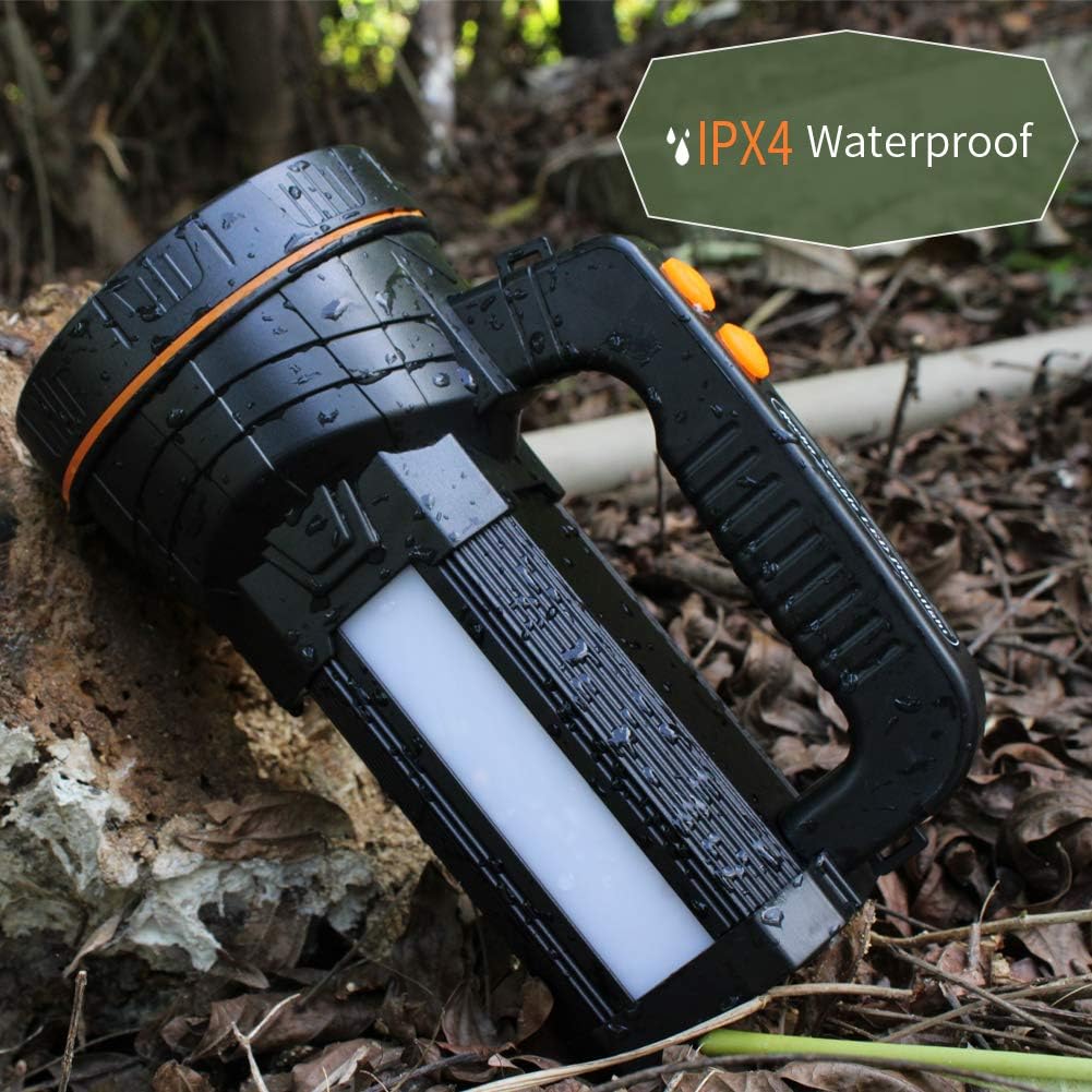 Eornmor Super Bright High Power Portable Handheld Led Spotlight 6000 Lumen Waterproof Large Flashlight Rechargeable High Lumen LED Searchlight Torch Floodlight (Black) - - 