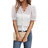 LUXVEER Women Lace Tops Summer V Neck Dressy Casual Button Down Blouses Ruffle Short Sleeve Business Work Shirts