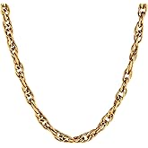 Link Chain Necklace, 18K Gold Plated Stainless Steel, Hypoallergenic, Non-Tarnish, Vintage Style Textured Braided Rope Collar Choker Necklace, Waterproof Jewelry for Women