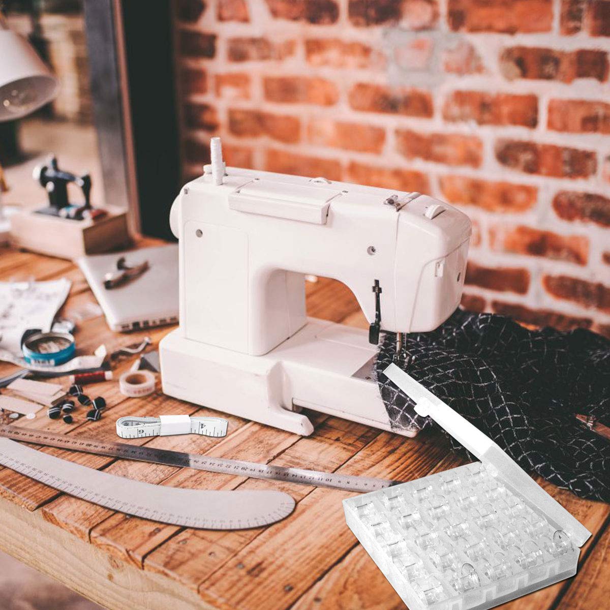 53 Pcs Plastic Sewing Machine Bobbins with Transparent Storage Case and Soft Measuring Tape by mifengdaer