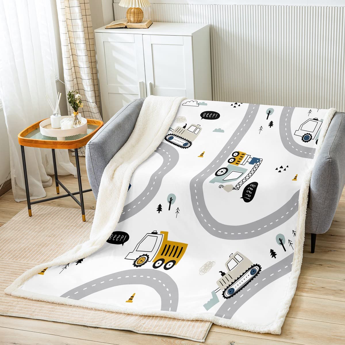Cartoon Car Bed Blanket Truck Excavator Throw Blanket Lightweight Soft Cozy Luxury Multicolor Construction Fleece Blanket City Streets Flannel Blanket for Sofa Bedroom Office All Season(Twin 60"x80")