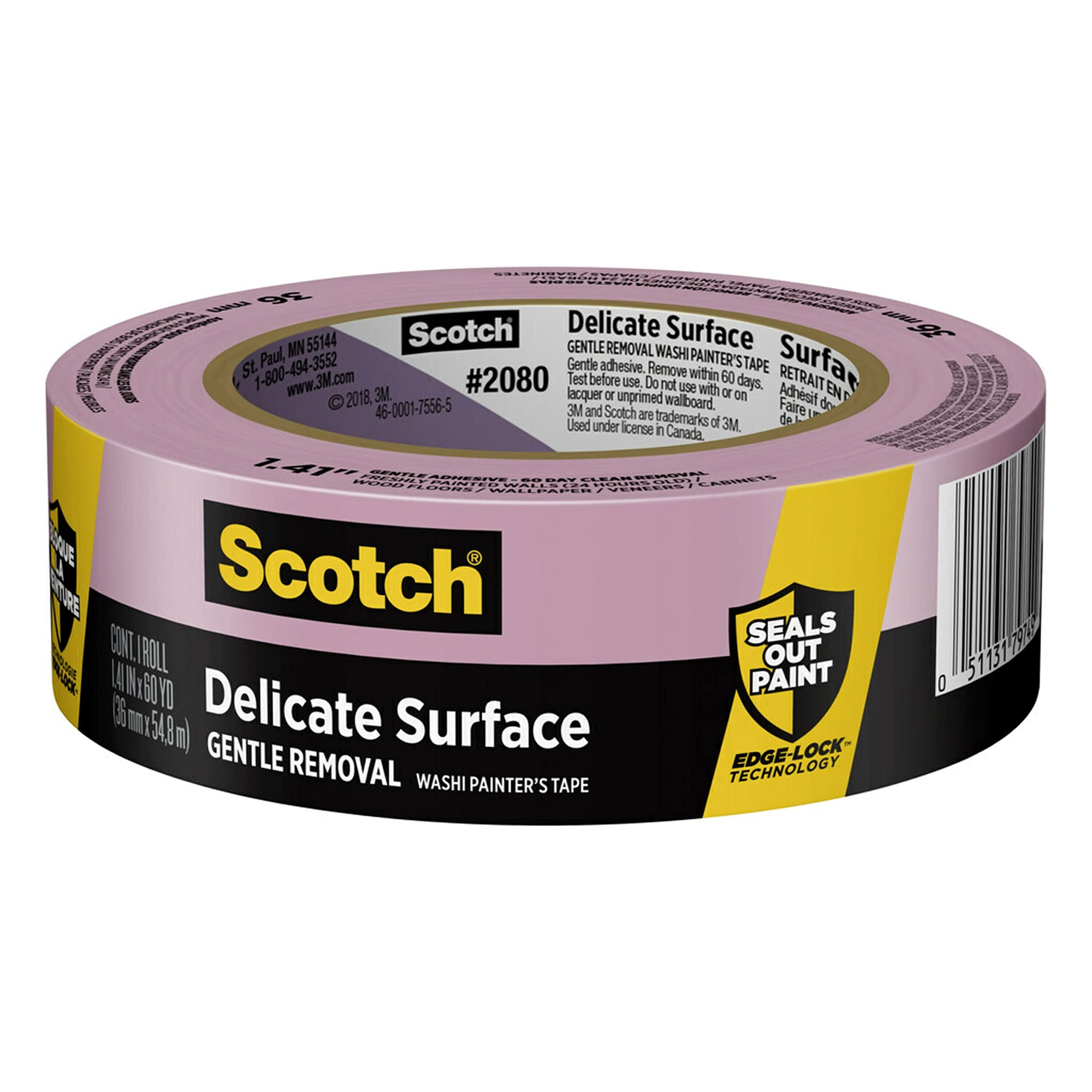 Scotch Delicate Surfaces Painters Tape, 1.41 in x 60 yd, Damage-Free Painting Prep, Protect Delicate Surfaces, UV & Sunlight Resistant, Solvent-Free Adhesive, Indoor Masking Tape, 1 Roll (2080-36EC)