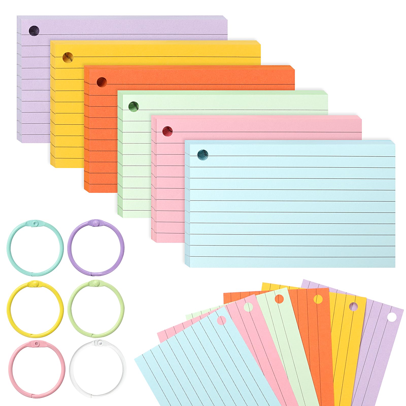 Ztowoto 300 Sheet Flash Cards，3.3 * 4.9 Inch Lined Revision Cards Includes 6 Plastic Rings,Premium Flashcards Perfect for School, Office, and Home，Revision Flash Cards Ideal for Studying（6 Colors）