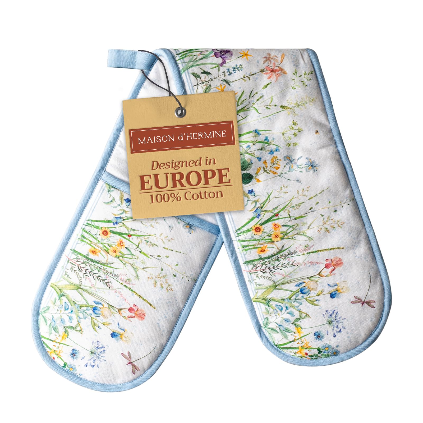 Maison d' Hermine Double Oven Mitts 100% Cotton 18 cm x 89 cm Double Oven Mitt Heat Resistant BBQ Cooking Gloves with Loop Baking Grilling Handling Hot Pans Gifts for Mothers Day (Fleurs De Mai)