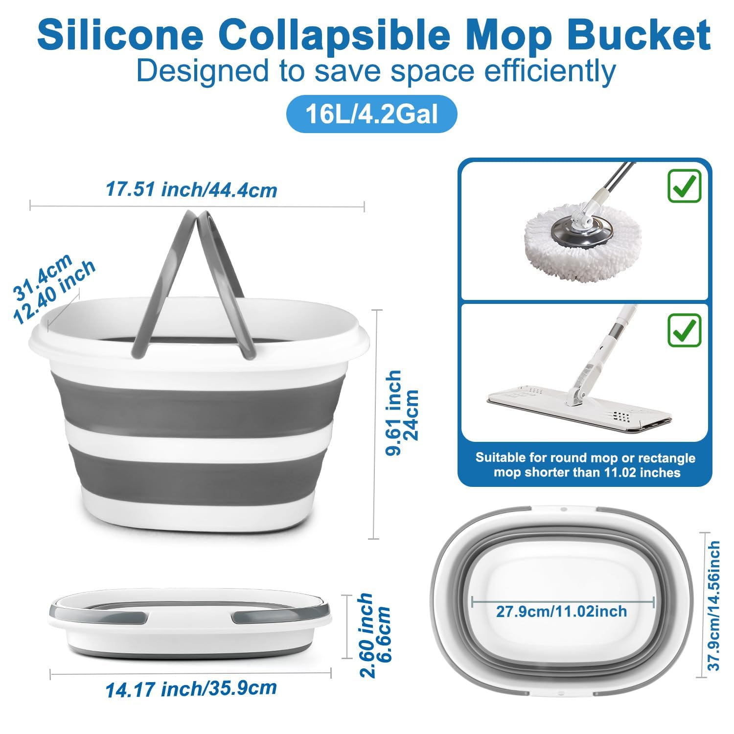 Collapsible Mop Bucket with Handle for Cleaning, 16L(4.2 Gallon) Silicone Square Mopping Bucket for Windows Cleaning or Car Washing, Cleaning Supplies Organizer Plastic Bucket for Storage