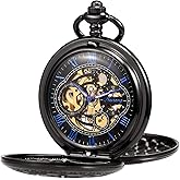 TREEWETO Pocket Watch Skeleton Hand-Wind Mechanical Double Case Roman Numerals Antique with Fob Chain Box