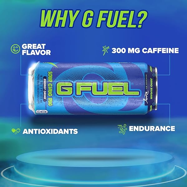 G FUEL ENERGY DRINK, SOUR BLUE RASPBERRY, SUGAR FREE BEVERAGE WITH 300MG CAFFEINE, DAILY ENERGY BOOST WITH FOCUS AMINO, VITAMIN + ANTIOXIDANTS, 16 OZ CANS (CHUG RUG, 12-PACK)