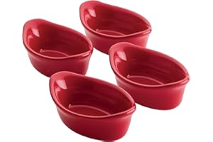Rachael Ray Solid Glaze Ceramics Dipping Cups/Ramekin Set for Snacks, Desserts, and More, Oval - 4 Piece, Red