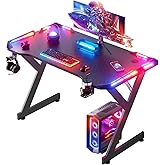 HLDIRECT 40 INCH Gaming Desk with LED Lights, Home Office Gamer Desk, Ergonomic Computer Table with Large Carbon Fiber Desktop, Office Workstation, Cup Holder & Headphone Hook, Black
