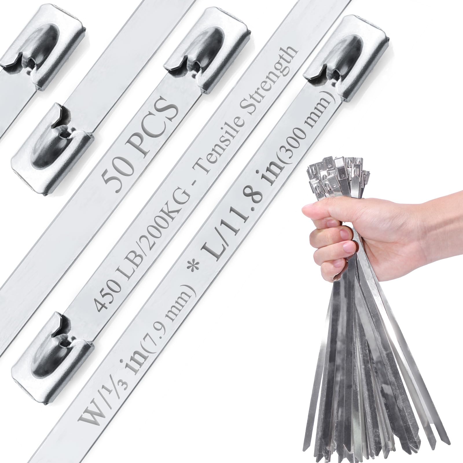 Metal Cable Ties, 304 Stainless Steel Zip Ties，(50Pcs) 450LB Heavy Duty (2X Stronger), Heat Resistant for Exhaust Wrap/Fencing/Pipes/Auto Repair, Replace Metal Wires. L/11.8" (300mm), W/0.31" (7.9mm).