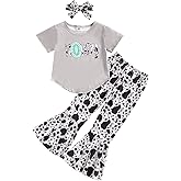 Emmababy Toddler Western Outfit Girls Bell Bottom Outfits Kids Ruffle Shirt Short Sleeve Cow Print Flare Pants Summer Clothes