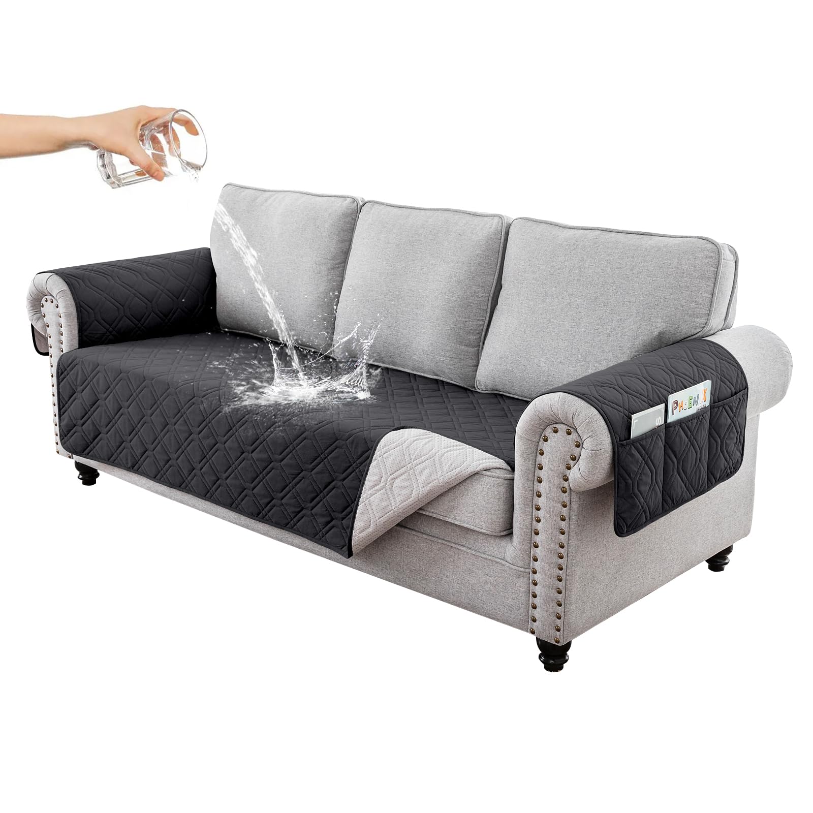 RAPRAP Sofa Cover 3 Seater 100% Waterproof Sofa Protector with Side Pockets for Kids, Pets, Dogs, Durable Non-Slip Three Seater Couch Covers, Washable,Black,3 Seater