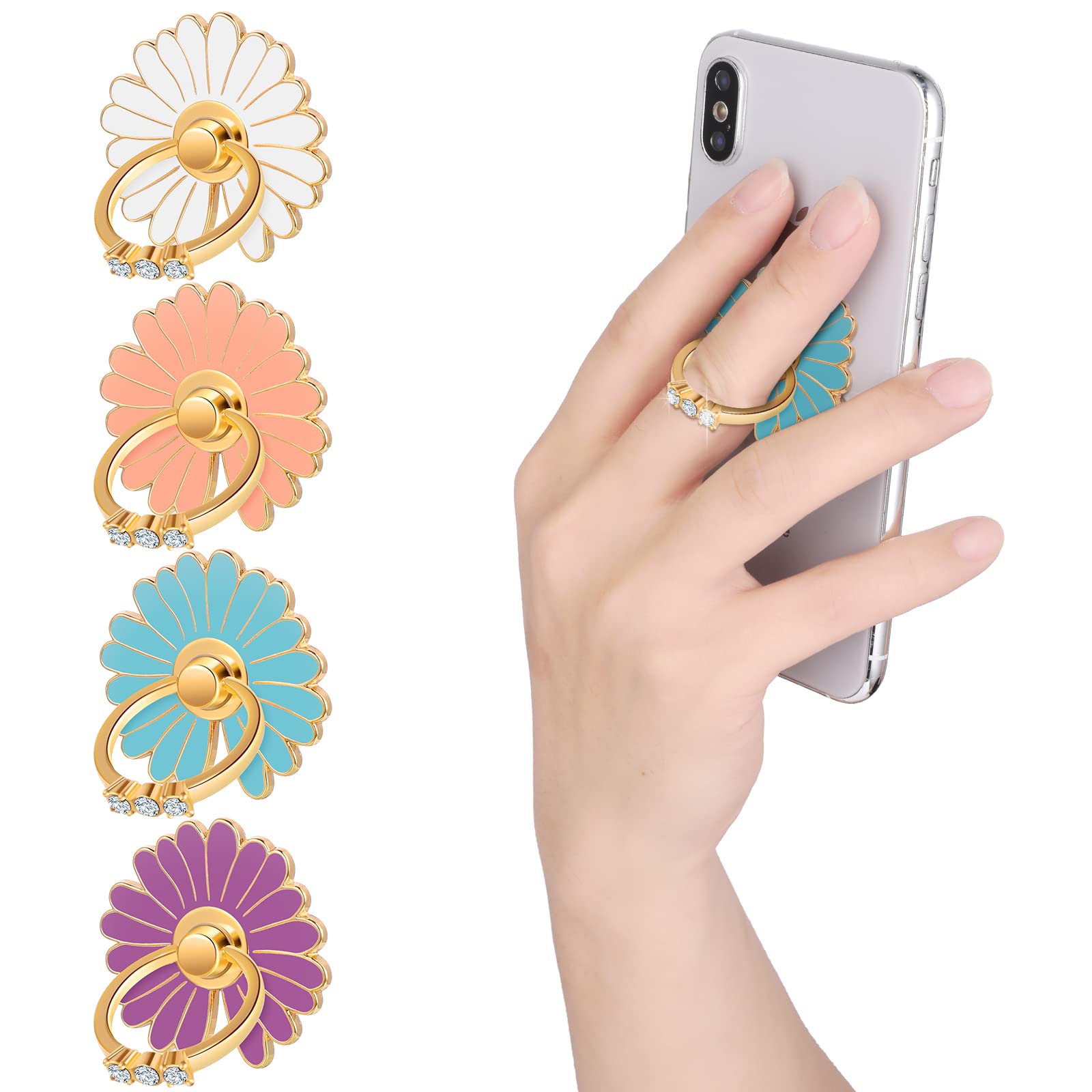 cobee Cell Phone Ring Holders, 4 Pcs Cute Daisy Finger Kickstands Metal Round 180°/360° Rotation Hand Grip with Knob Loop Phone Ring Grips Compatible with Most Smartphones, Tablets(Style-A)