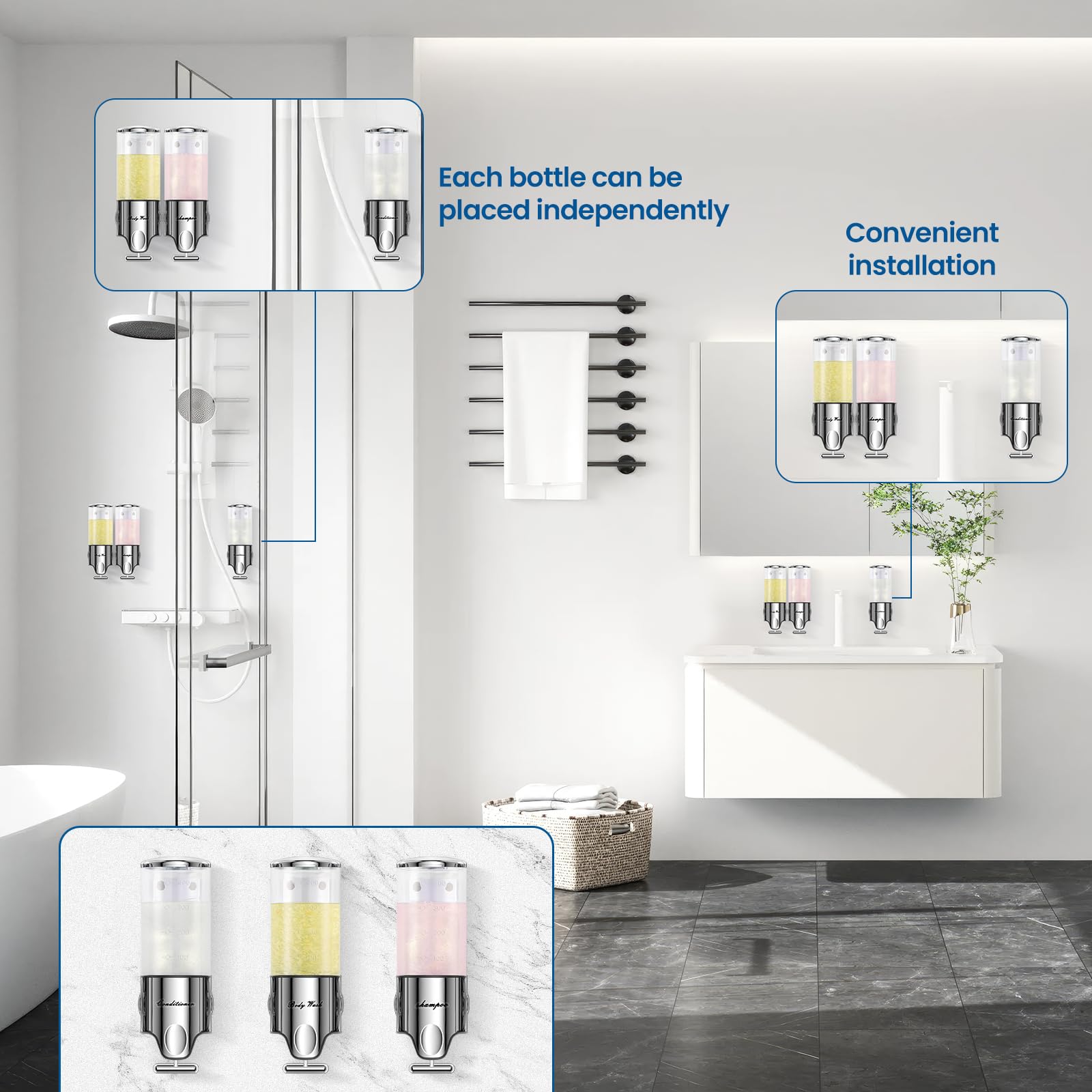 Shampoo and Conditioner Dispenser,Dispensers for The Shower,Shower Soap Dispenser 3 Chamber No Drill,Shampoo Conditioner Body Wash Dispenser Wall Mount for Bathroom(Triple x 17.6 oz,Clear)