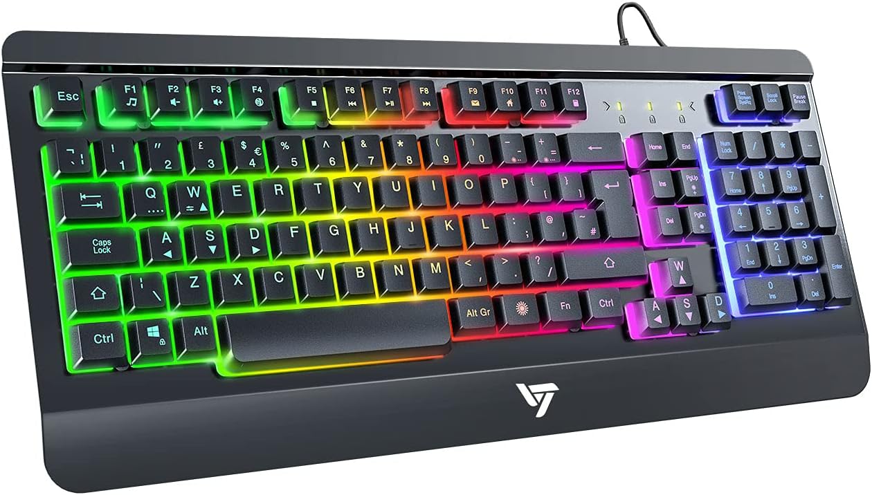 Gaming-Keyboard-USB-Led-UK, Vic Tech FL Rainbow Backlit Wired Keyboard with Ultra-Slim All-Metal Frame, Comfortable Wrist Rest, 12 Multimedia Shortcut Keys for Desktop Computer PC Gamer Laptop