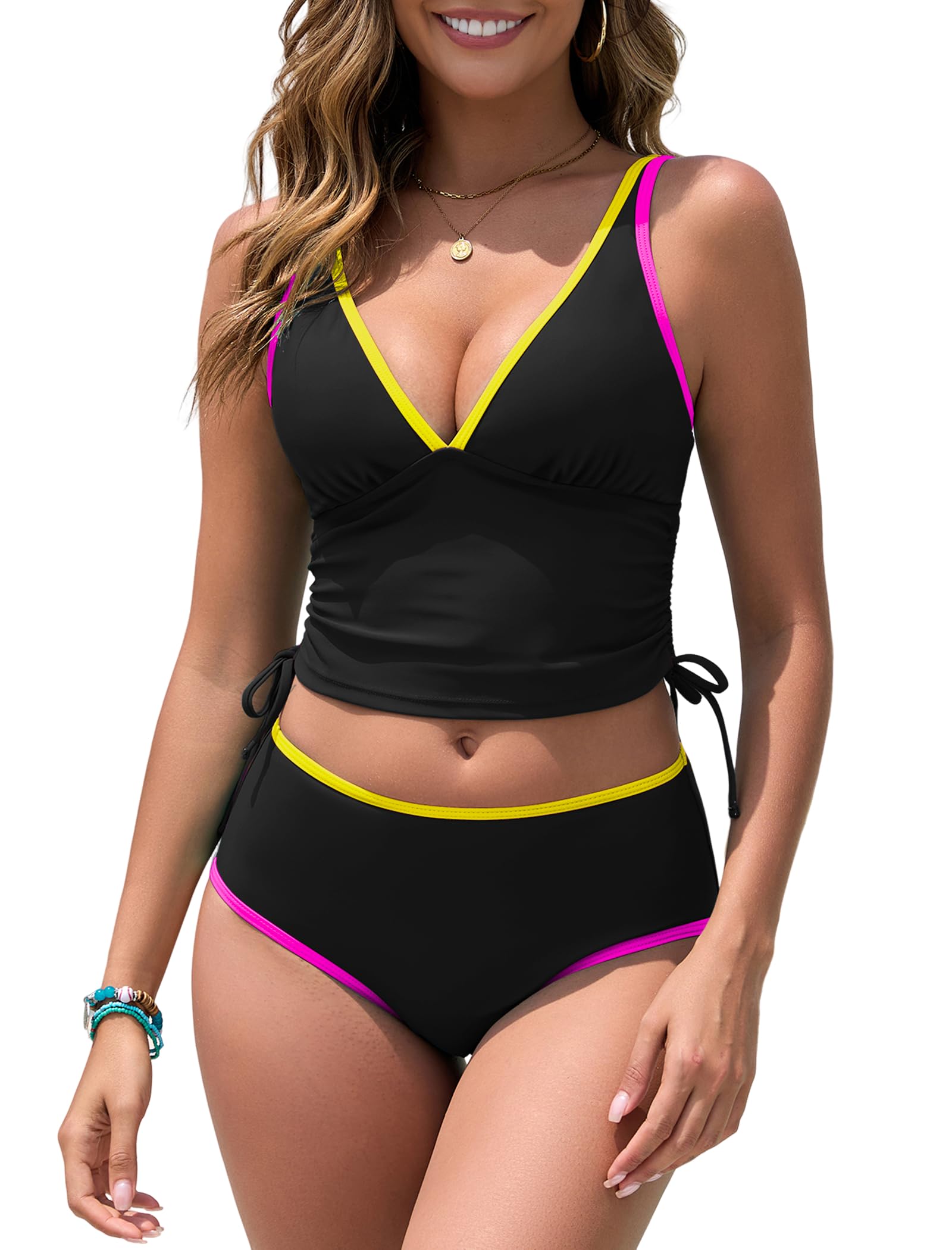 Photo 1 of ZAFUL Womens Tankini Swimsuits Tummy Control Bathing Suits 2025 Two Piece Color Block Swim Suit with High Waisted Bottom (Small, Black Multicolor)
