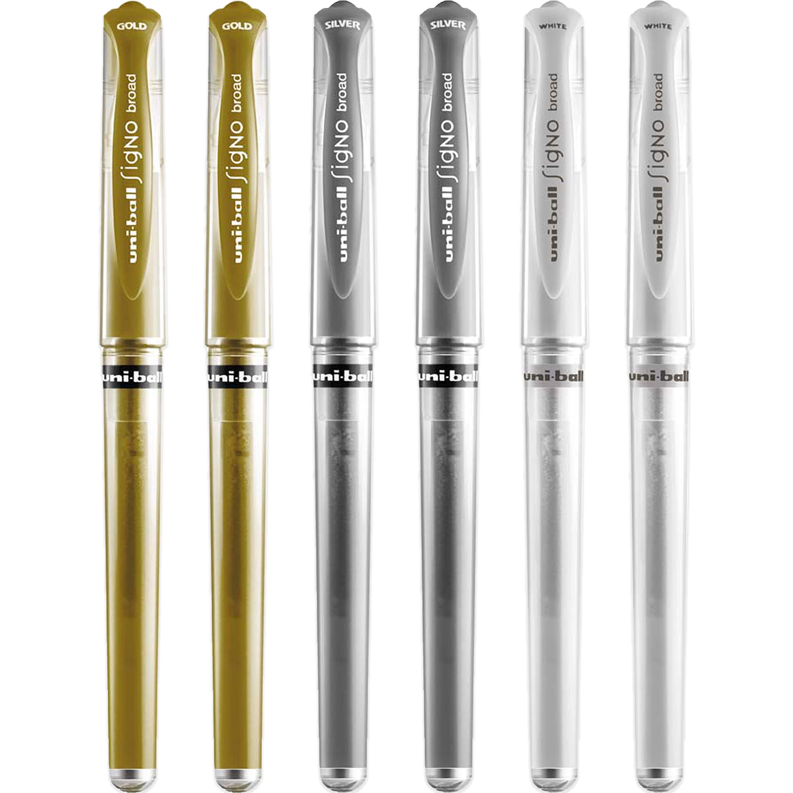 uni-ball Signo Pen Broad Metallic Gel Ink Rollerball - Metal 1mm Tip Nib 0.65mm Line Width With Rubber Grip - UM-153 - (Pack Of 6) - White, Silver and Gold