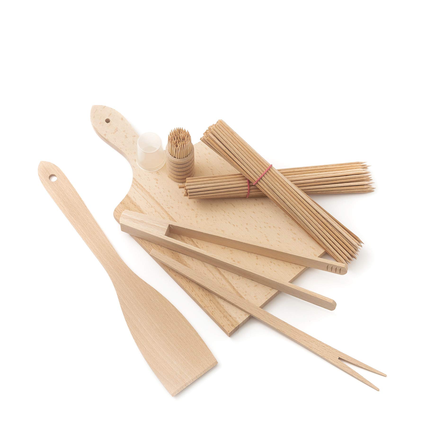 Tuuli Kitchen Wooden BBQ Grill Tool Utensils Set (Chopping Board, Spatula, BBQ Tongs, Fork, Toothpicks, Skewers)