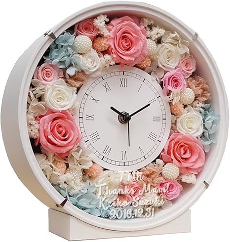 Amazon Co Jp プリザーブドフラワーの花時計 サンクスフラワークロック 丸型 シフォンカラー 喜寿祝い用メッセージカード付 ホーム キッチン