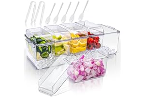 Roucerlin Chilled Condiment Server with Lid, 5 Removable Containers, 2 Tongs and 5 Forks, Bar Garnish Tray Caddy, Ice Serving