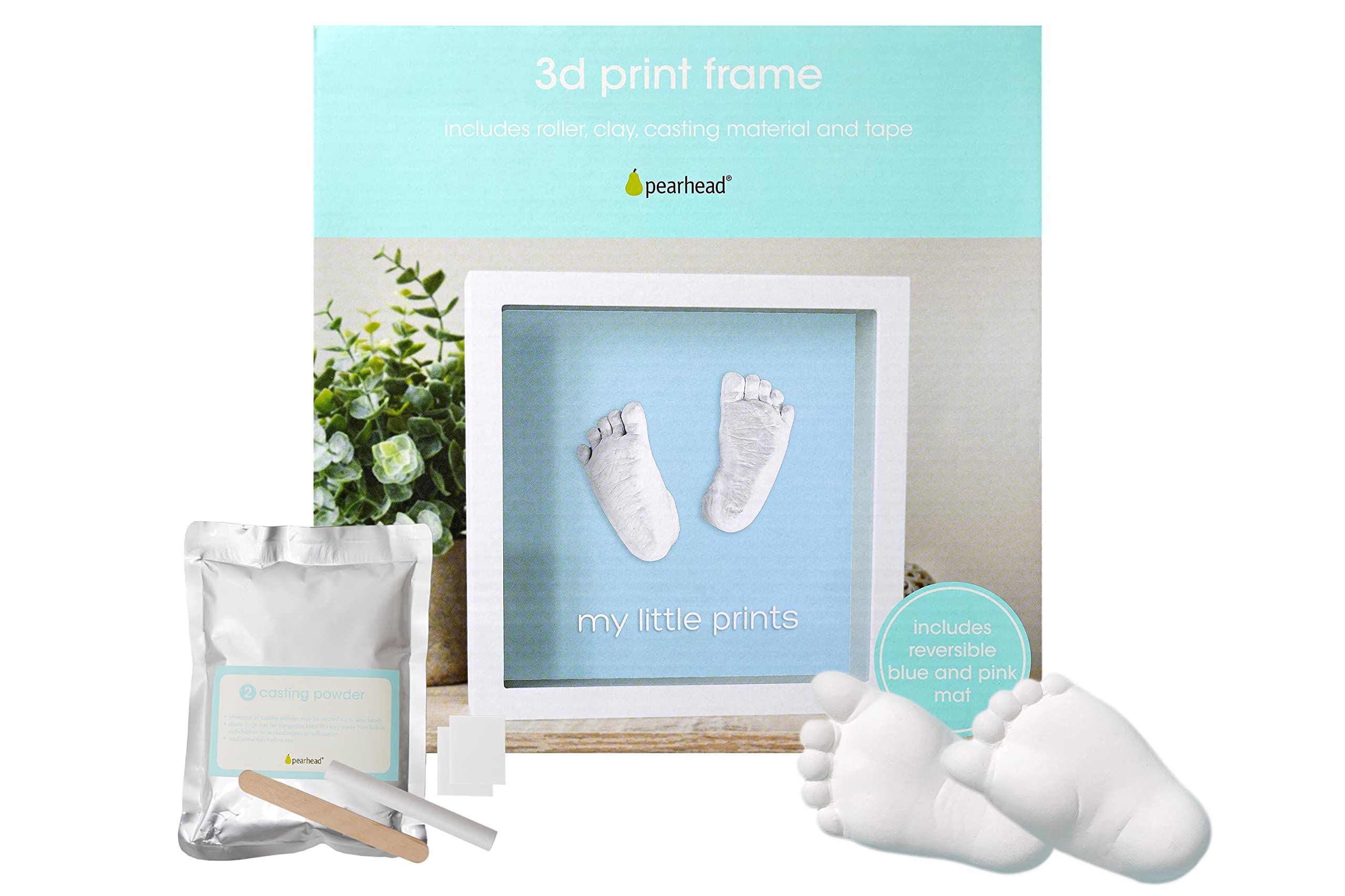 Pearhead Newborn Handprint or Footprint Impression Frame, DIY Casting Kit, Baby Girl or Boy Keepsake, Blue or Pink Mat — image 1