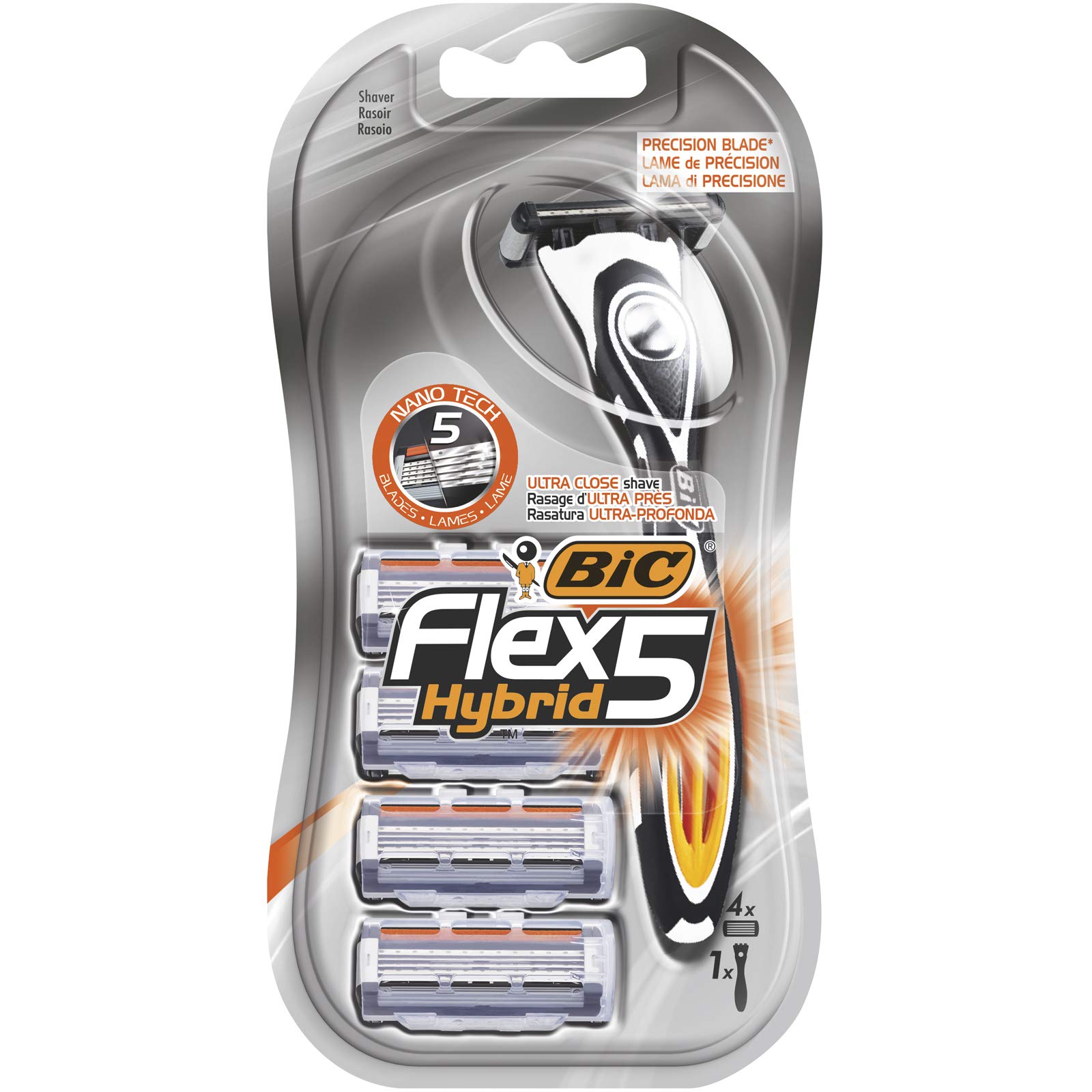 BIC Flex 5 Hybrid, Men's 5-Blade Razors, Precision Blade for Accuracy, Pack with 1 Handle and 4 Refills