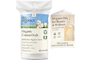 Sky Organics Organic Large Oval Cotton Pads with Ebook for Makeup Removal, Cleansing, Toner Application, 100% Pure Organic Cotton, GOTS Certified Cotton, Dual Textured Design