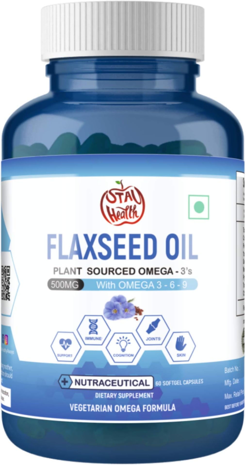 iStayHealthy Flaxseed Oil with Essential Omega 3 6 9 Fatty Acids to Support Healthy Heart, Cardiovascular, Joint also support Hair, Skin & Nails | Cholesterol Free | 100% Vegetarian |